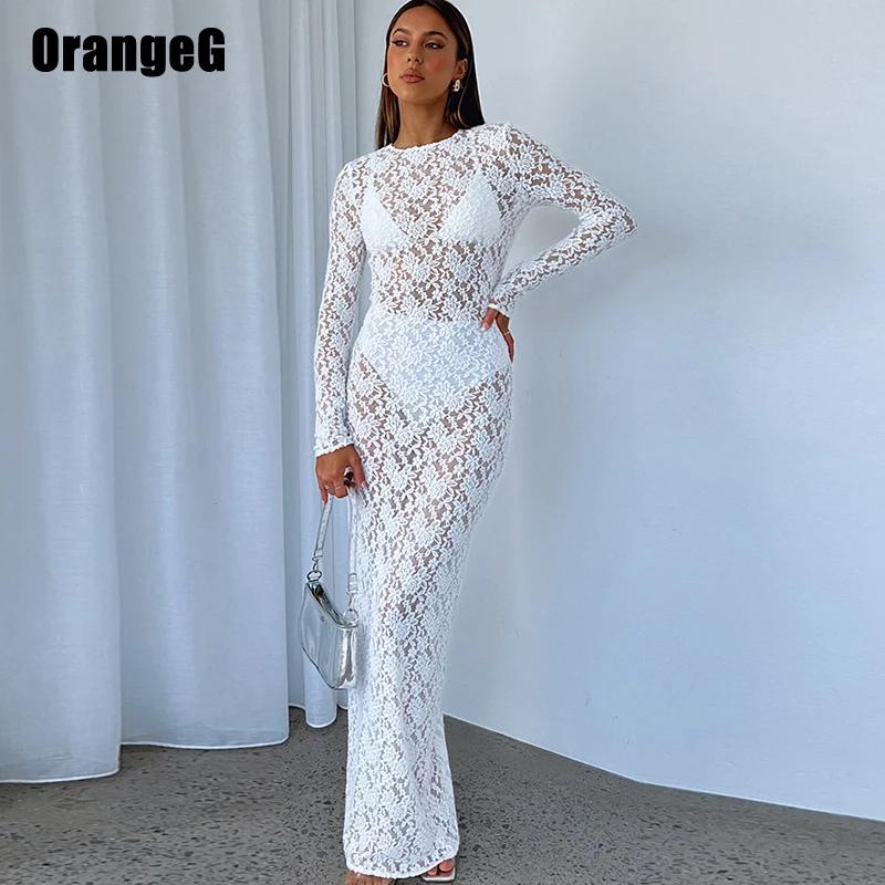 OrangeG-Vestido largo recto de encaje transparente para mujer, ropa de Club Sexy de manga larga con cuello redondo, ropa de medianoche, prendas de vestir transparentes 2024