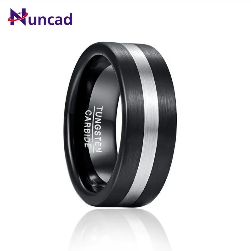 NUNCAD 8mm Width Tungsten Carbide Ring Black + Silver color Surface Brushed Men\'s Tungsten Steel Ring