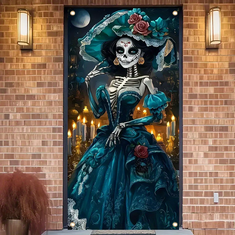 1 cortina de puerta PC2D, 1 pieza de decoración de dama esqueleto Mexicana Día de los Muertos La Katrina - vestido turquesa, rosa y encaje