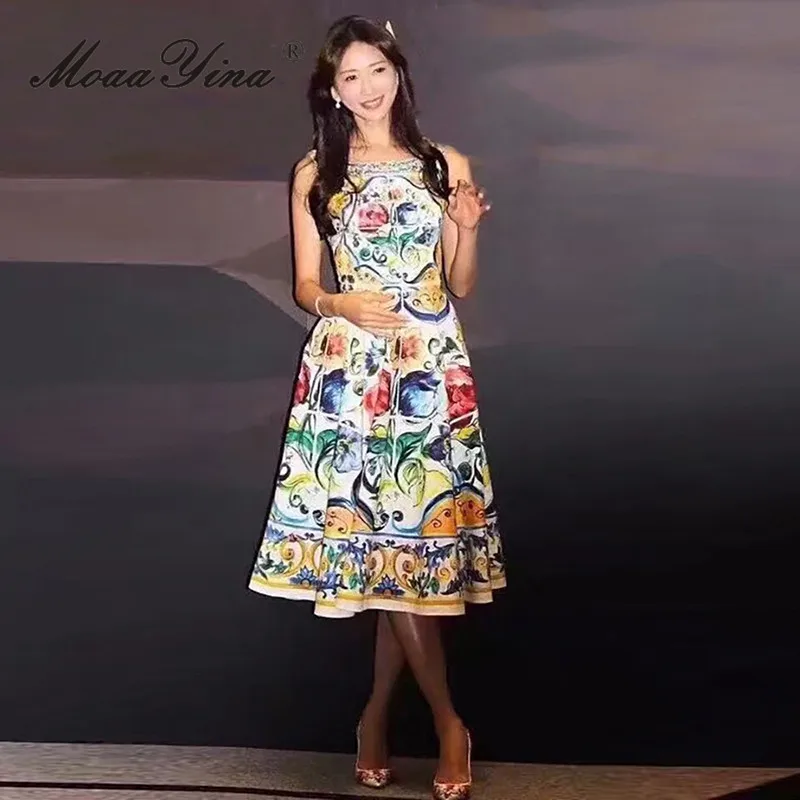 MoaaYina 2025 봄/여름 여성 민소매 화려한 꽃 프린트 버튼 장식 드레스