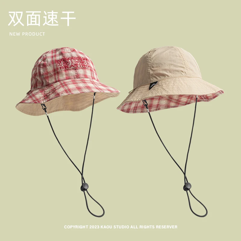 

Summer double-sided plaid bucket hat men's and women's outdoor quick-drying thin travel visor