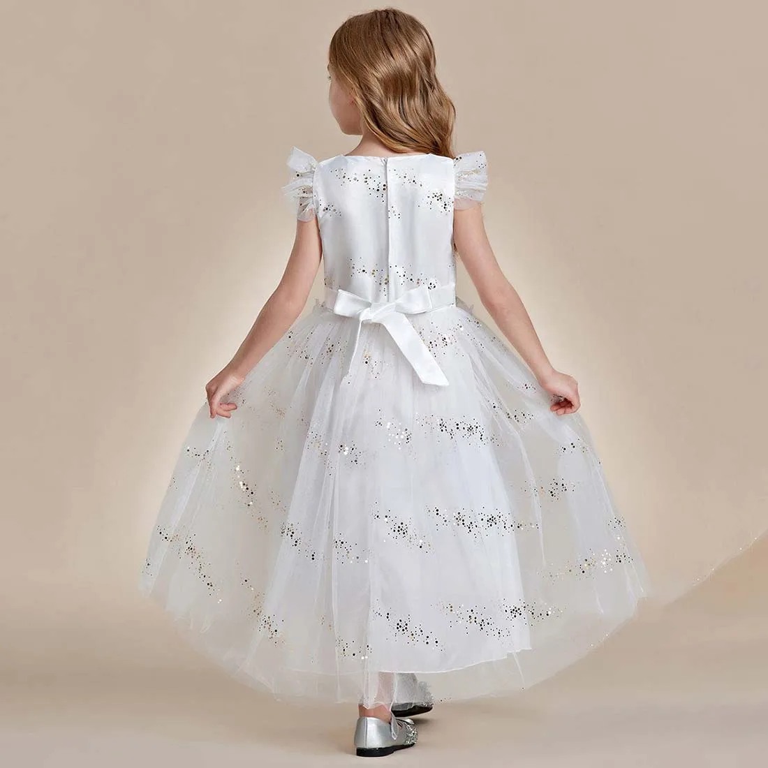 YZYManual-Vestido de princesa com mangas Flutter para meninas, renda e brilho, floreira, 2-15T