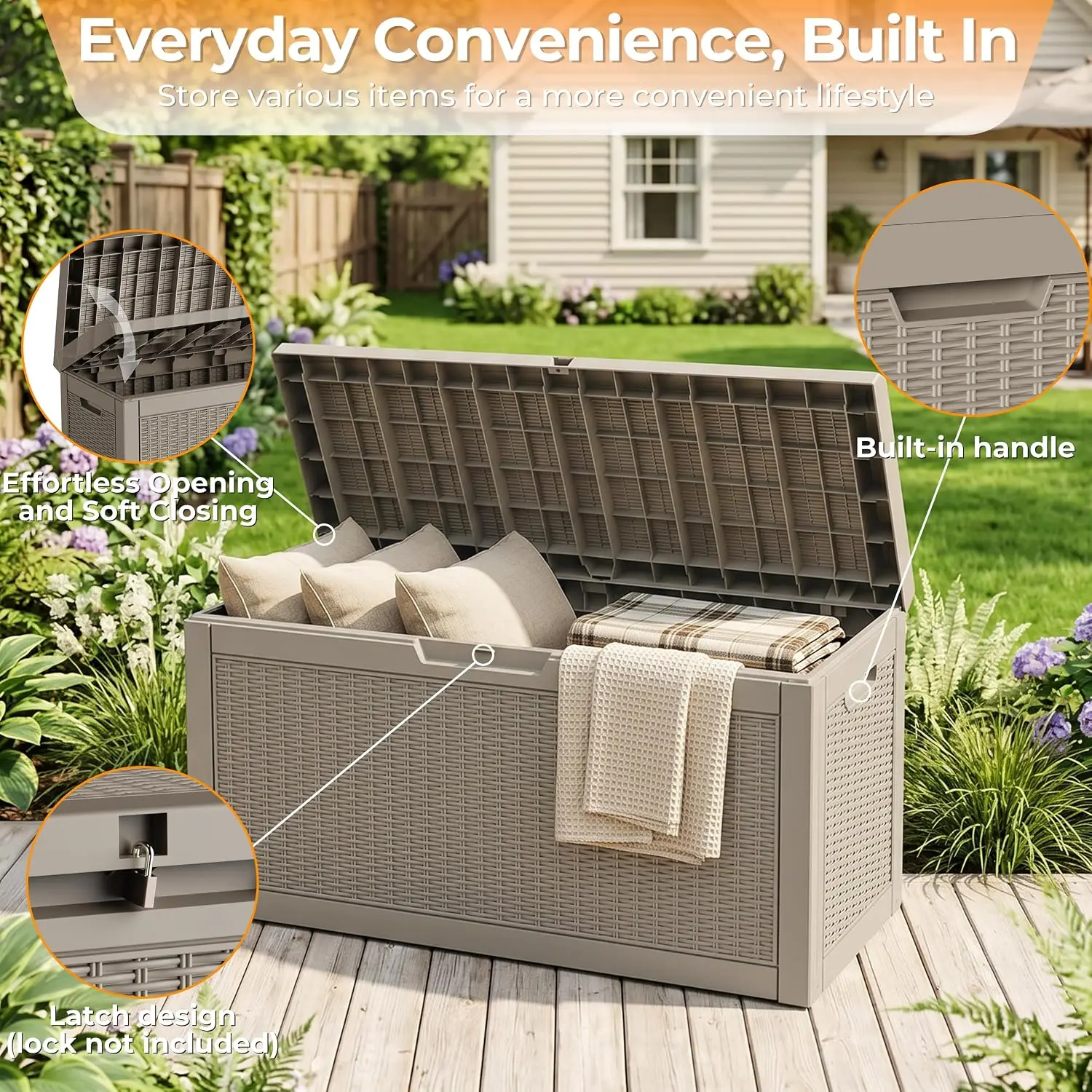 70 Gallon Resin Outdoor Storage Bench, Weather-Resistant Lockable Deck Box and Multi-Purpose Patio Container for Garden Tools, Pool & Picnic Accessories, Indoor/Outdoor Use, Grey