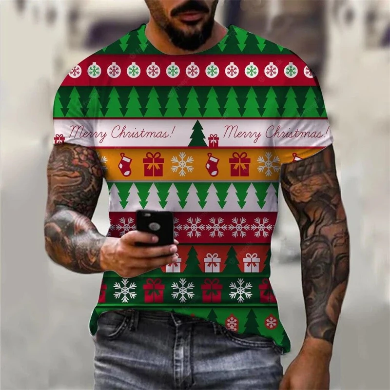 Christmas Trees Print 3d T-Shirts Christmas Theme Tops Men Short Sleeve T Shirt Oversized Women Weekend Party Clothes 2024 New