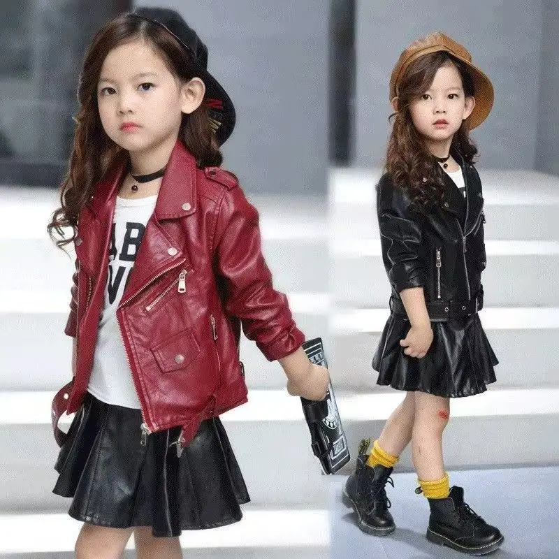

Spring and Autumn New Children's Clothing Trendy Cool Girls' Leather Jacket Short Style Solid Color Leather Jacket Coat