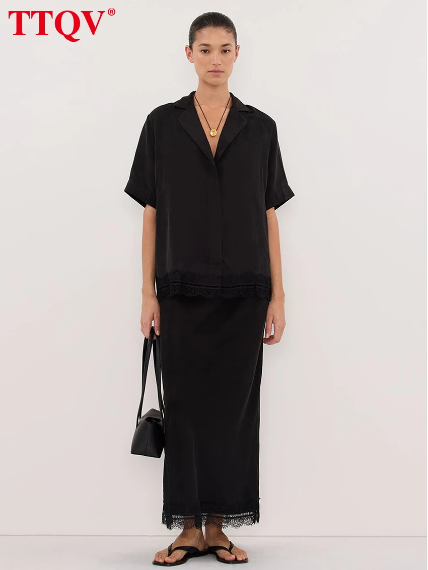 

TTQV Fashion Loose Black Lace Spliced 2 Piece Set Women 2026 Summer Short Sleeve Shirt With High Waist Long Skirt Set Female