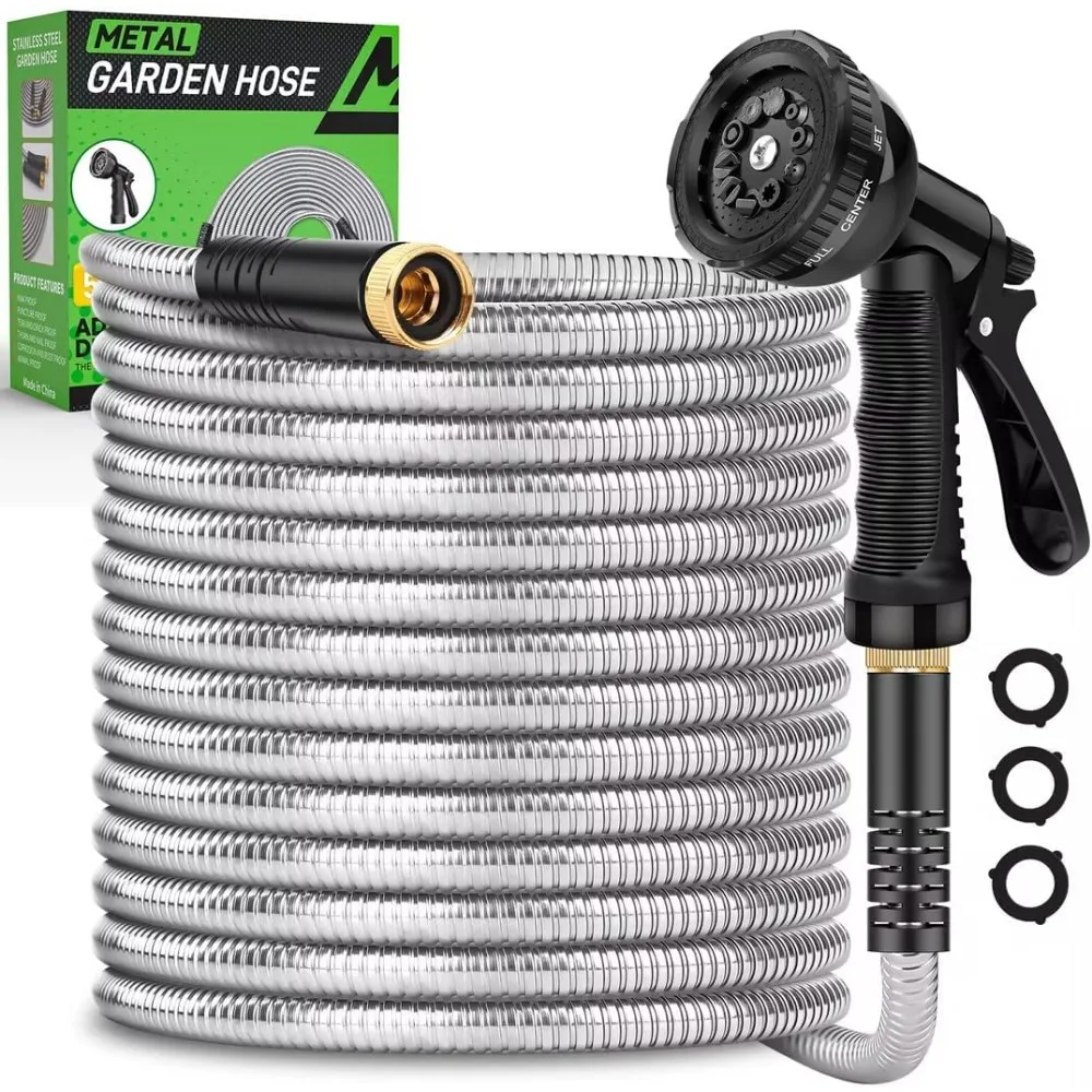 

Garden Hose 50ft, Heavy Duty Stainless Steel Water Hose with 10 Functional Nozzles, No Kink,Lightweight and Flexible,Easy To Use