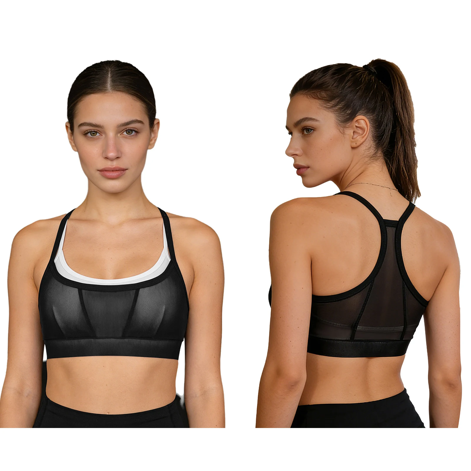 

Hot Women Summer Sports Workout Vest Bra Sheer Mesh Overlay Crop Top with Removable Chest Pads for Yoga Gym Fitness Daily Tops