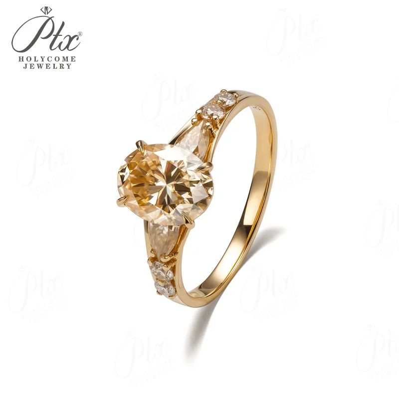 2ct Ring Oval Cut Moissanite D White Champagne Color Genuine 18K Gold Classical Proposal Wedding Band Charms Holycome Jewelry