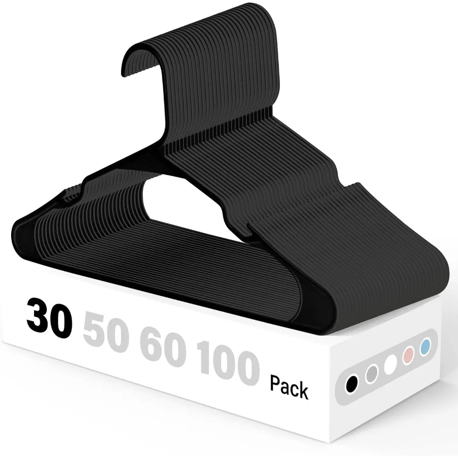 30 sztuk czarnych plastikowych wieszaków, oszczędzających miejsce, wytrzymałych i lekkich, do płaszczy, sukienek, koszul, spodni
