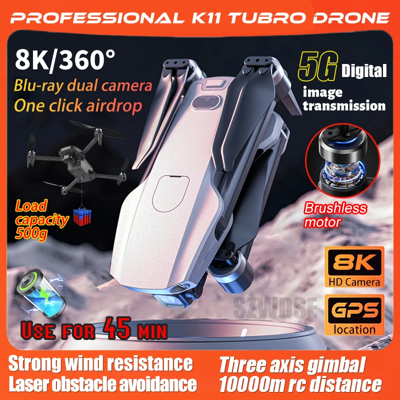 10KM 45Min NEW K11 Touch Screen RC 3-axis Brushless Gimbal Digital Image Transmission Laser Obstacle Avoidance Dron with Airdrop