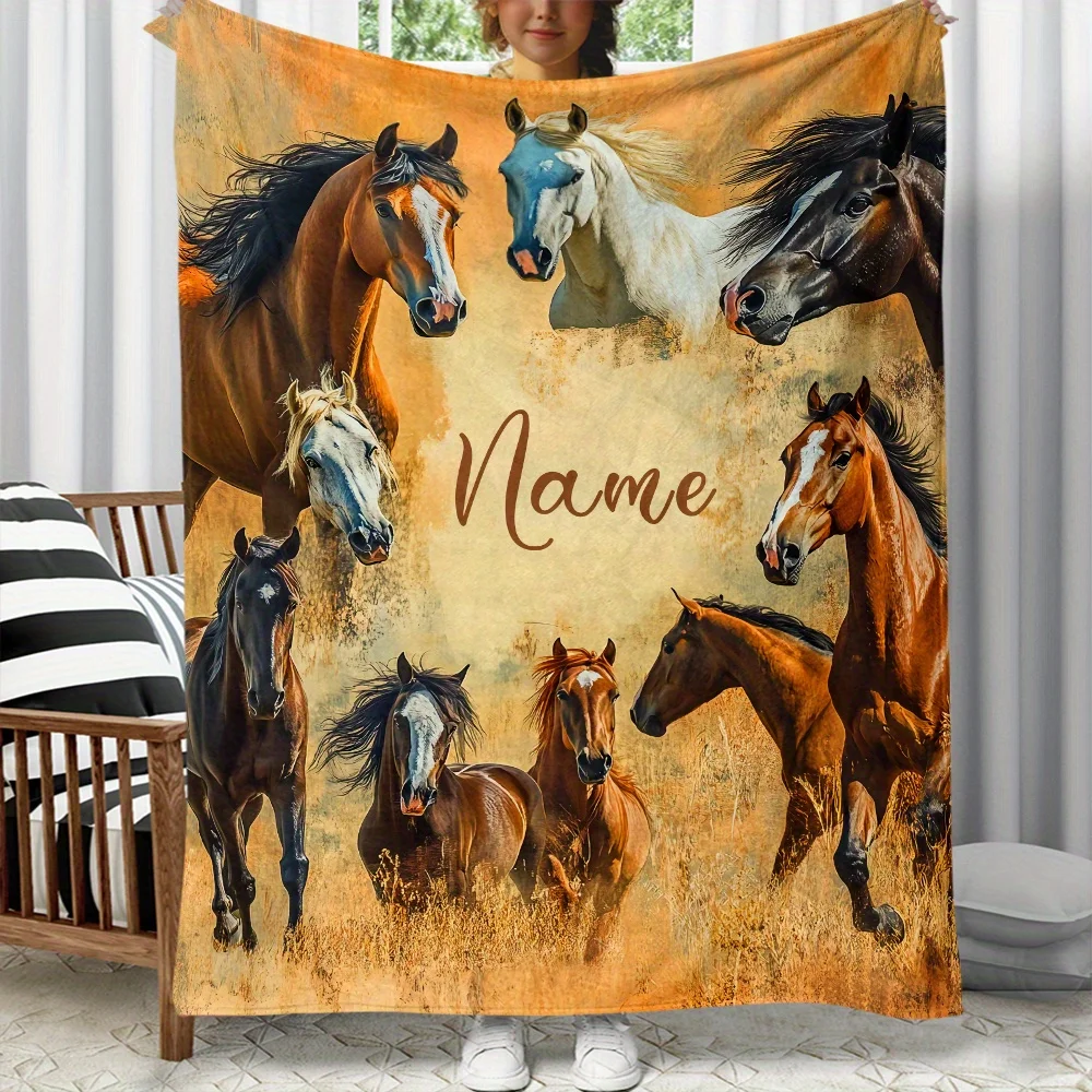 1pc Customized Desert Wild Horse Printed Blanket - Personalized Lightweight Soft Flannel Blanket for Sofa Beds, Travel Camping
