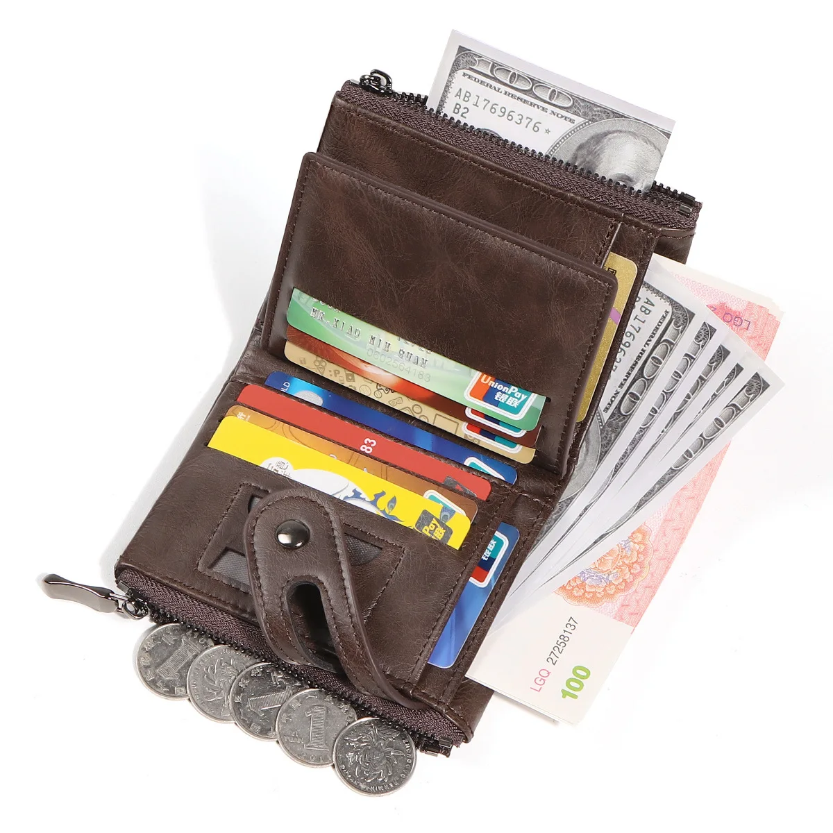 الكلاسيكية الرجعية الرجال سلسلة المحفظة تتفاعل مكافحة سرقة الرجال محفظة جلدية مزدوجة سستة محفظة نسائية للعملات المعدنية حامل بطاقة الائتمان للرجال محفظة