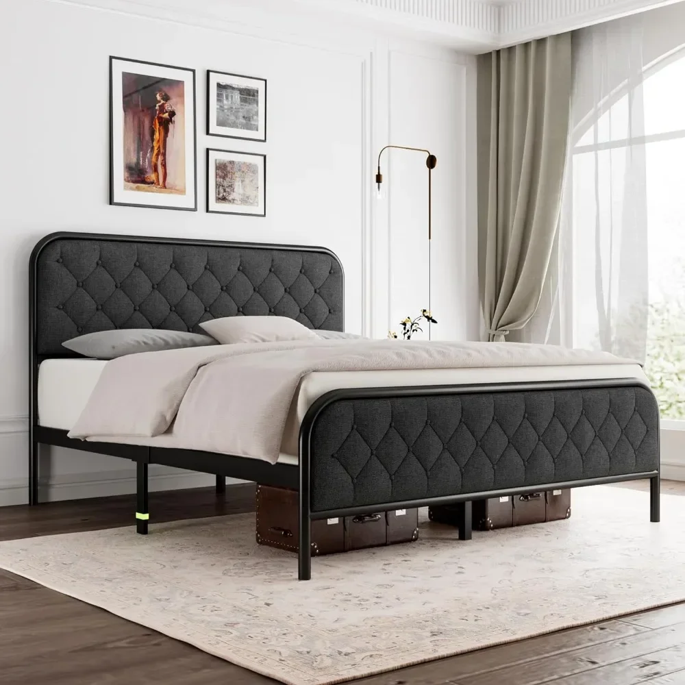 Queen Size Bed Frame with Linen Upholstered Headboard, Heavy Duty Metal Platform Bed with 12