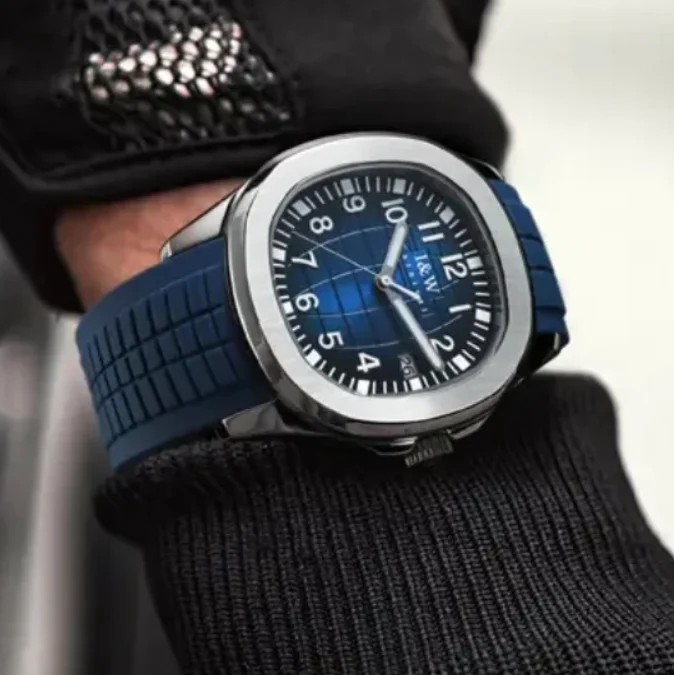 I&W Mens Automatic Watches 42mm Square Mechanical Wristwatch Vintage Luminous Rubber Strap