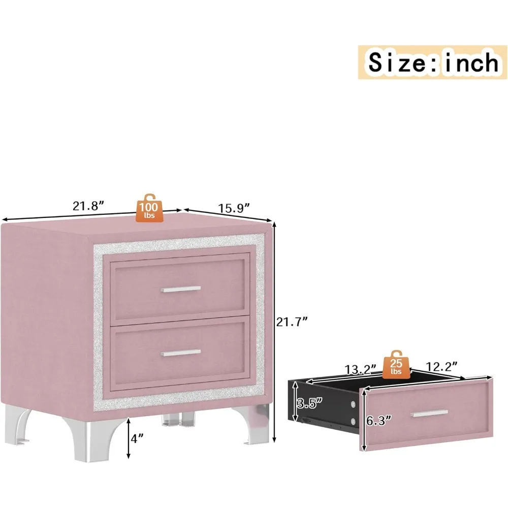 금속 다리가 있는 침실용 미드 센추리 벨벳 서랍장 2개, 다리와 손잡이를 제외한 완전 조립형, 침대 옆 테이블