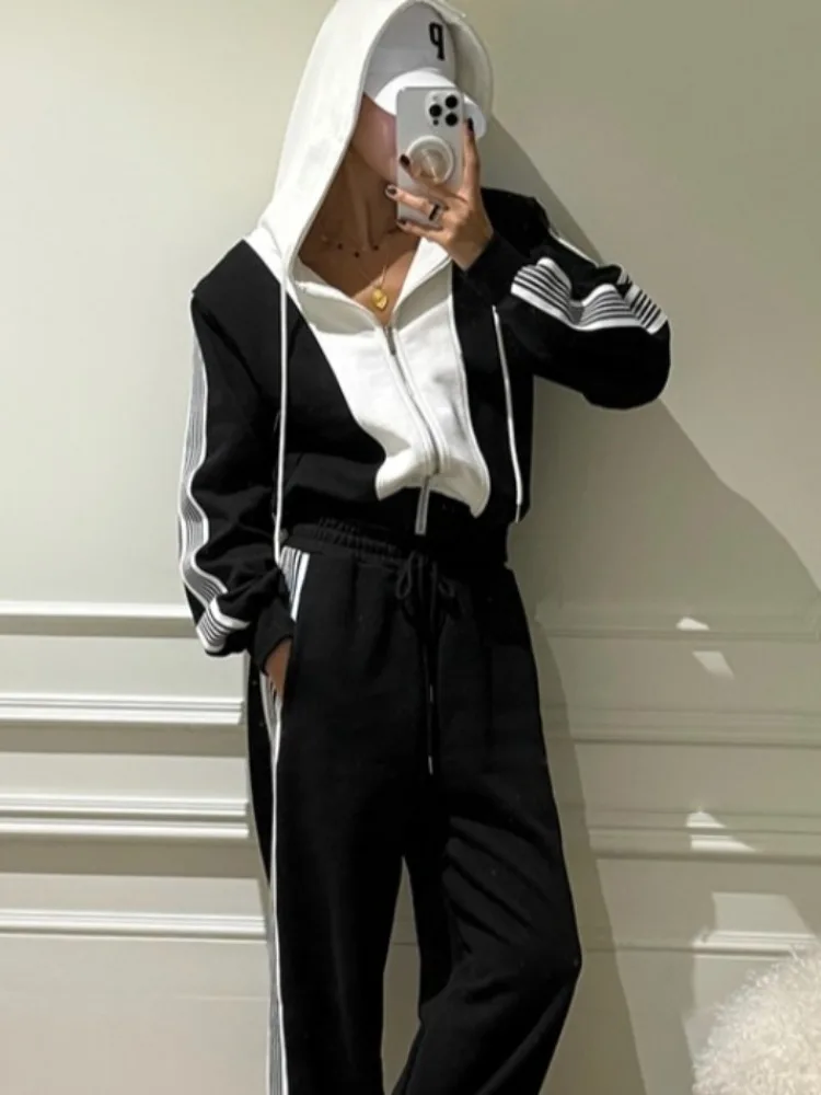 Faionable couleur Blo rayé Long Sve sweat à capuche Jaet femmes taille haute décontractée pantalons longs ensemble automne nouveauté rue...