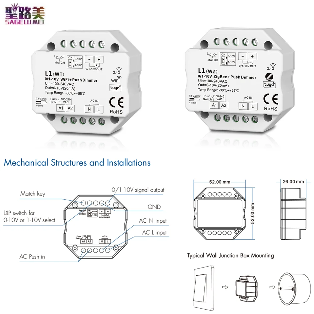 L1(WT)WiFi / L1(WZ) zigBee Tuya 2,4G RF Wireless-Led Dimmer DIP Schalter Push Dim 1CH Eingang AC100-240V Ausgang 0/1-10V dimmen