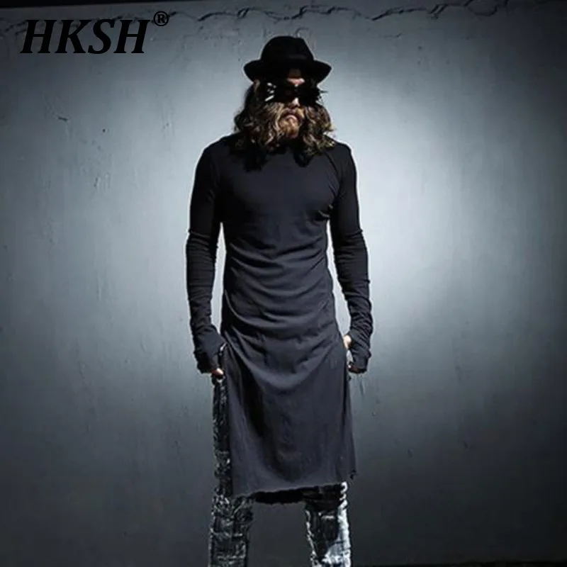 

HKSH Men's Spring Tide Dark Personalized Long T-shirt Gloves Side Slit Punk Nightclub Performance Fashion Streetwear Tees HK1005