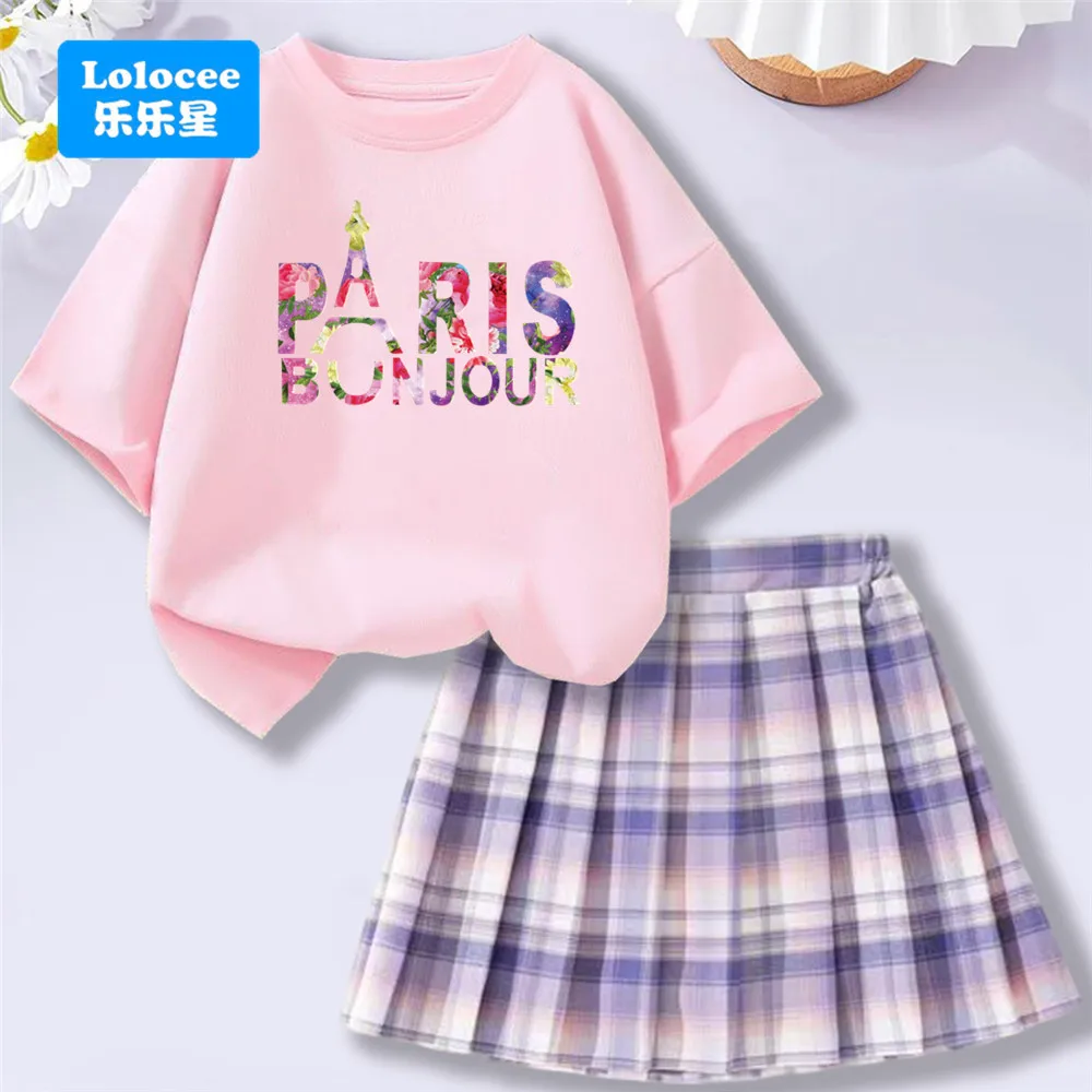 Modisches Sommer-Schul-Outfit für Mädchen – T-Shirt-Oberteil mit Blumenmuster und kariertem Rock, 2-teiliges Set aus Baumwolle für Studenten