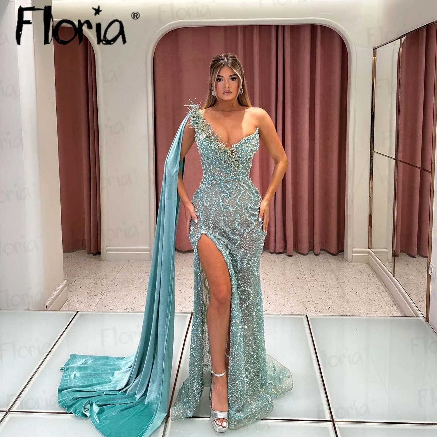 Sparkly Sequins One Shoulder Long Cape Sleeve Prom Dress High Split Illusion Cocktail Dress Elegant Beading Wedding Guest Gowns