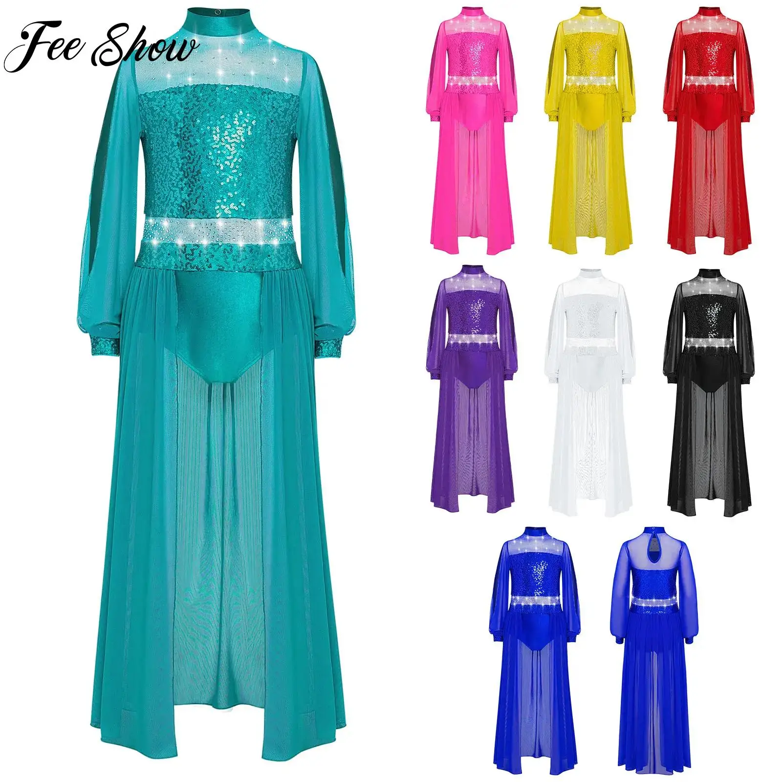 

Kids Girls Glittery Rhinestones Ballet Dance Leotard Dress Long Sleeves Lyrical Contemporary Dance Performance Dresses Costumes