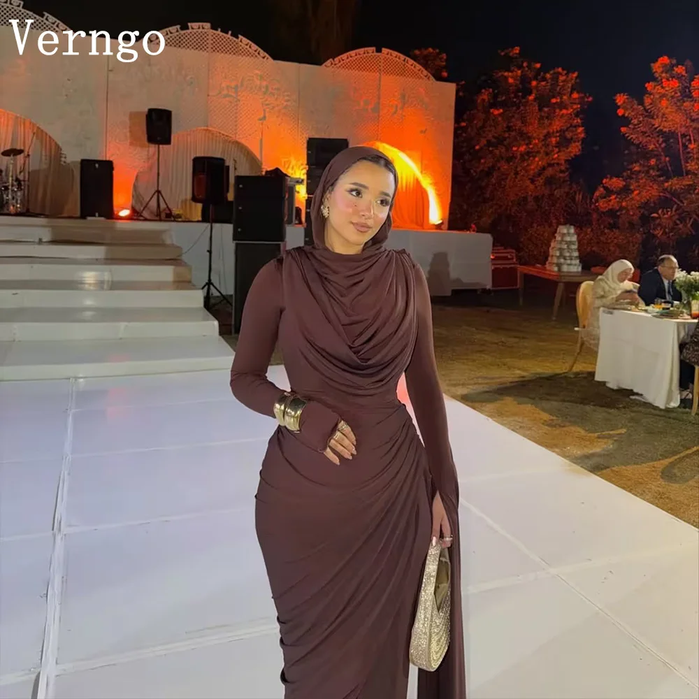 Verngo Brown Crepe Prom Gowns High Neck Full Sleeves Mermaid Formal Occasion Dress Mulism Prom Party Gowns Customized