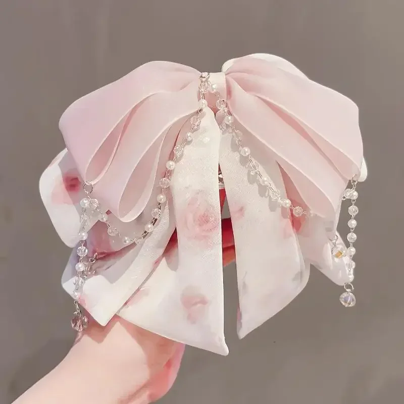 Elegant Pink Chiffon Butterfly Knot Tail Clip Floral Pendant High-End Feeling Flowing Tassel Hair Clip For Women Girls Children