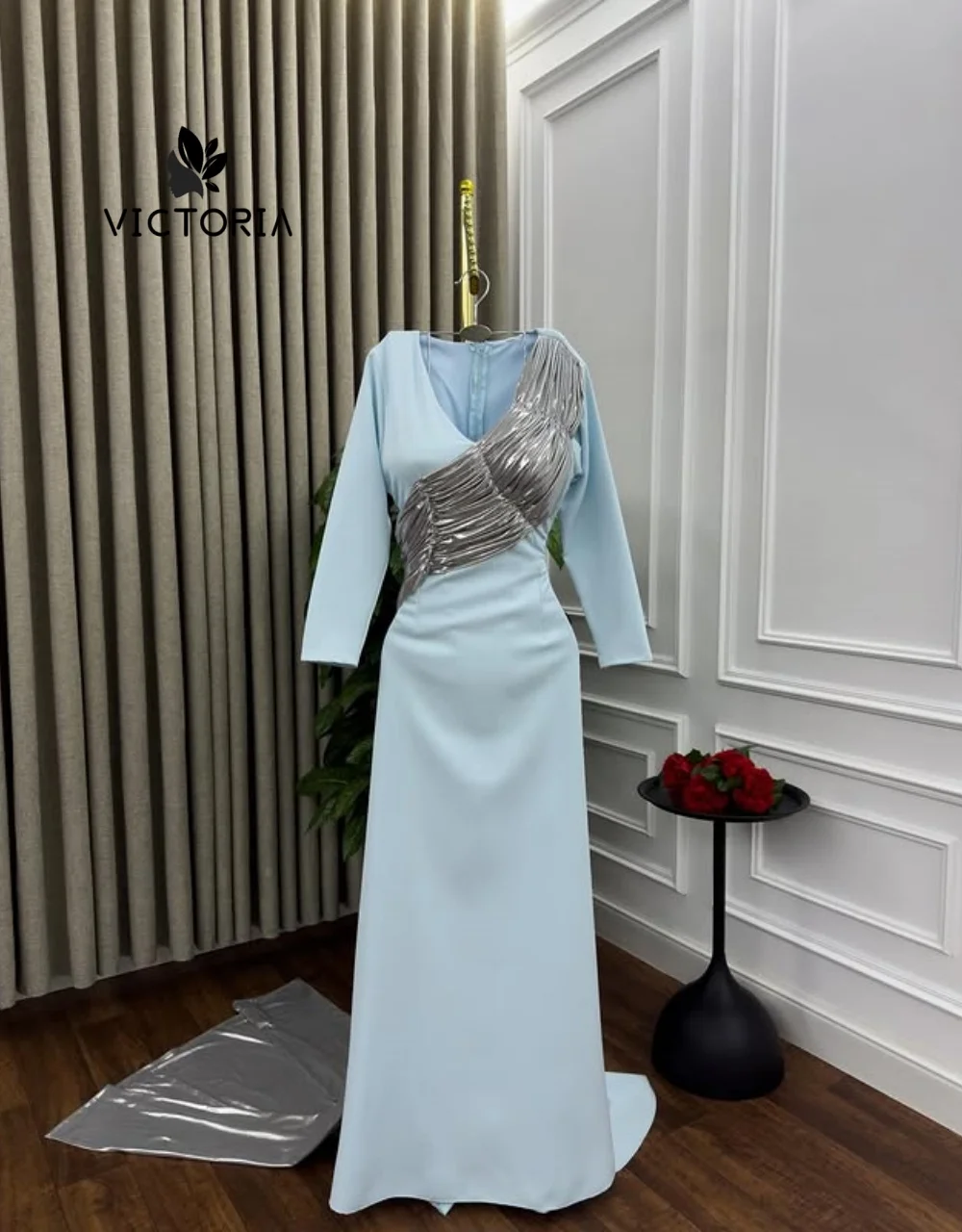 

Sky Blue Long Sleeve Silver Ruched A line Evening Dresses Wedding Party Dresses Dubai فساتين سهرة Prom Dresses 2025 Customized