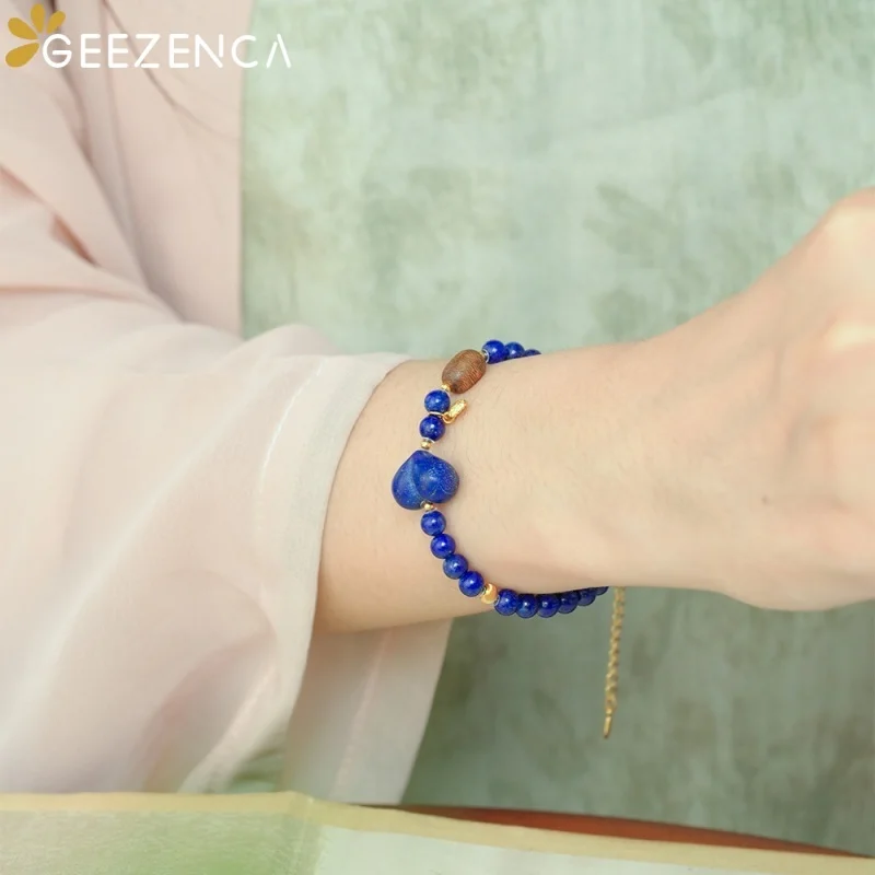 GEEZENCA Lapis Lazuli Beaded Strand Bracelet Women 925 Silver Gold Plated Heart Wood Charm Vintage Unique Layered Bracelets Gift