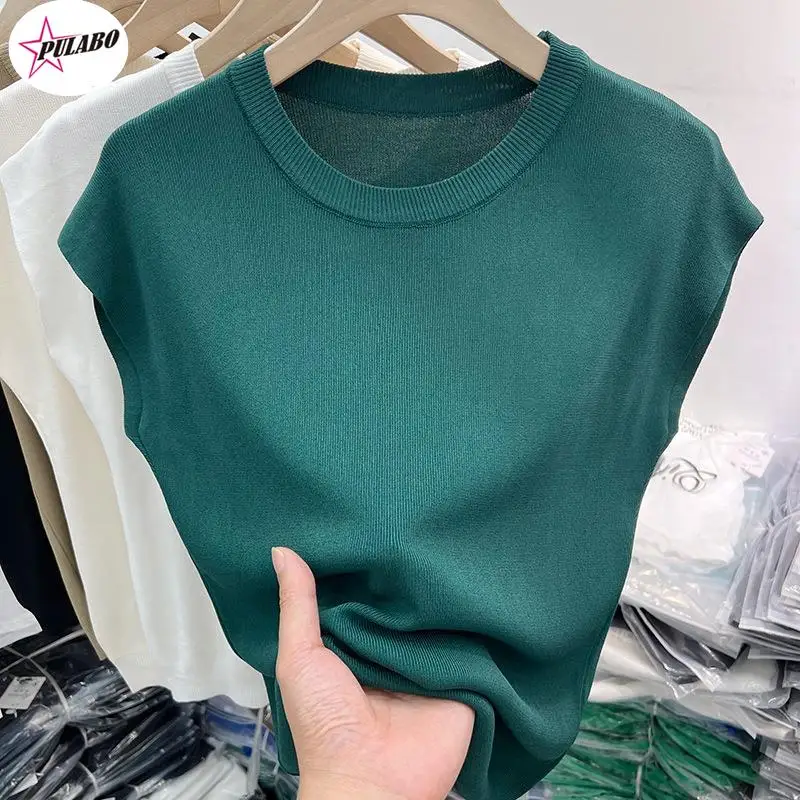 PULABO Tees Women Pure Color Wild Ice Silk Knitted Small Shirt Summer y2k Short-sleeved Women's T-shirt Top y2k