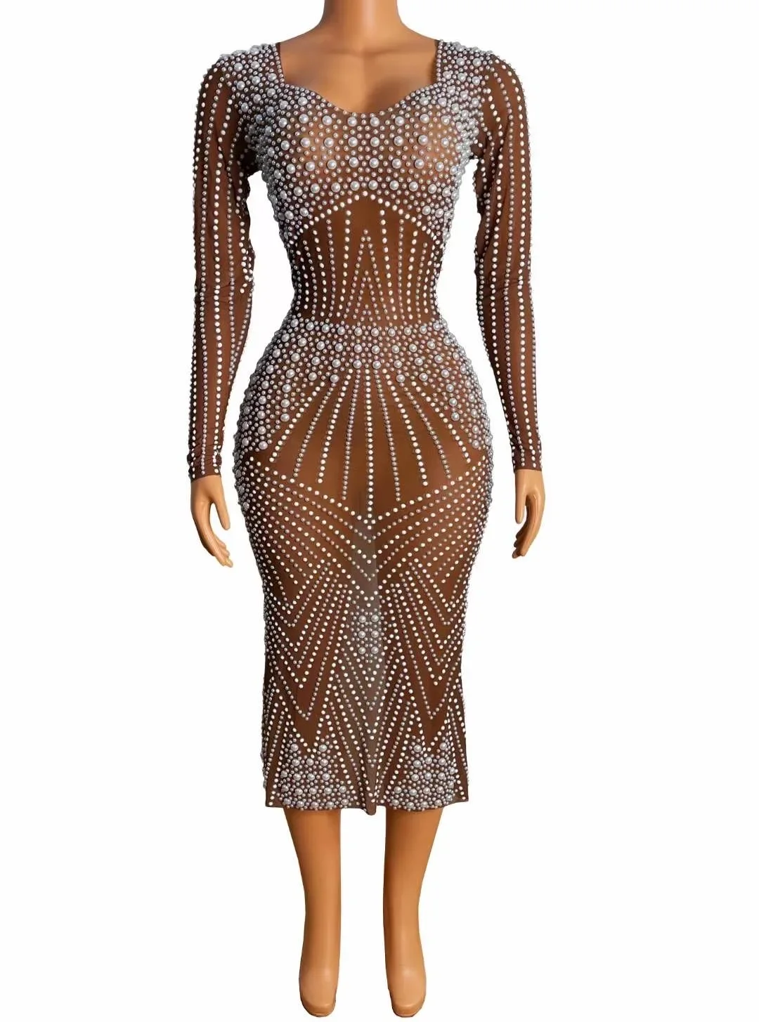 Brown Shining Rhinestones Long Sleeve Sexy Women Sheath Split Dress Evening Party Club Clothing Stage Singer Dancing Costume