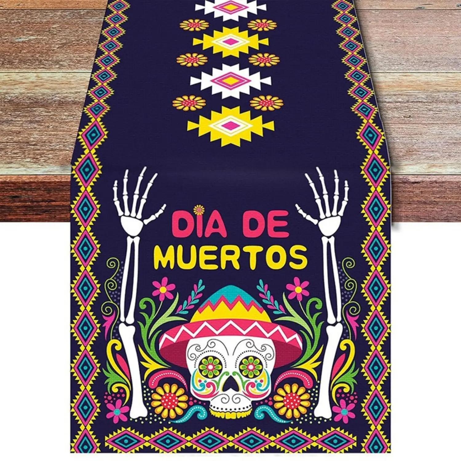 

Dia De Los Muertos Mexican Table Runner,Sugar Skull Rustic Linen Day of The Dead Decor,Fiesta Party for Home Kitchen Dining Room