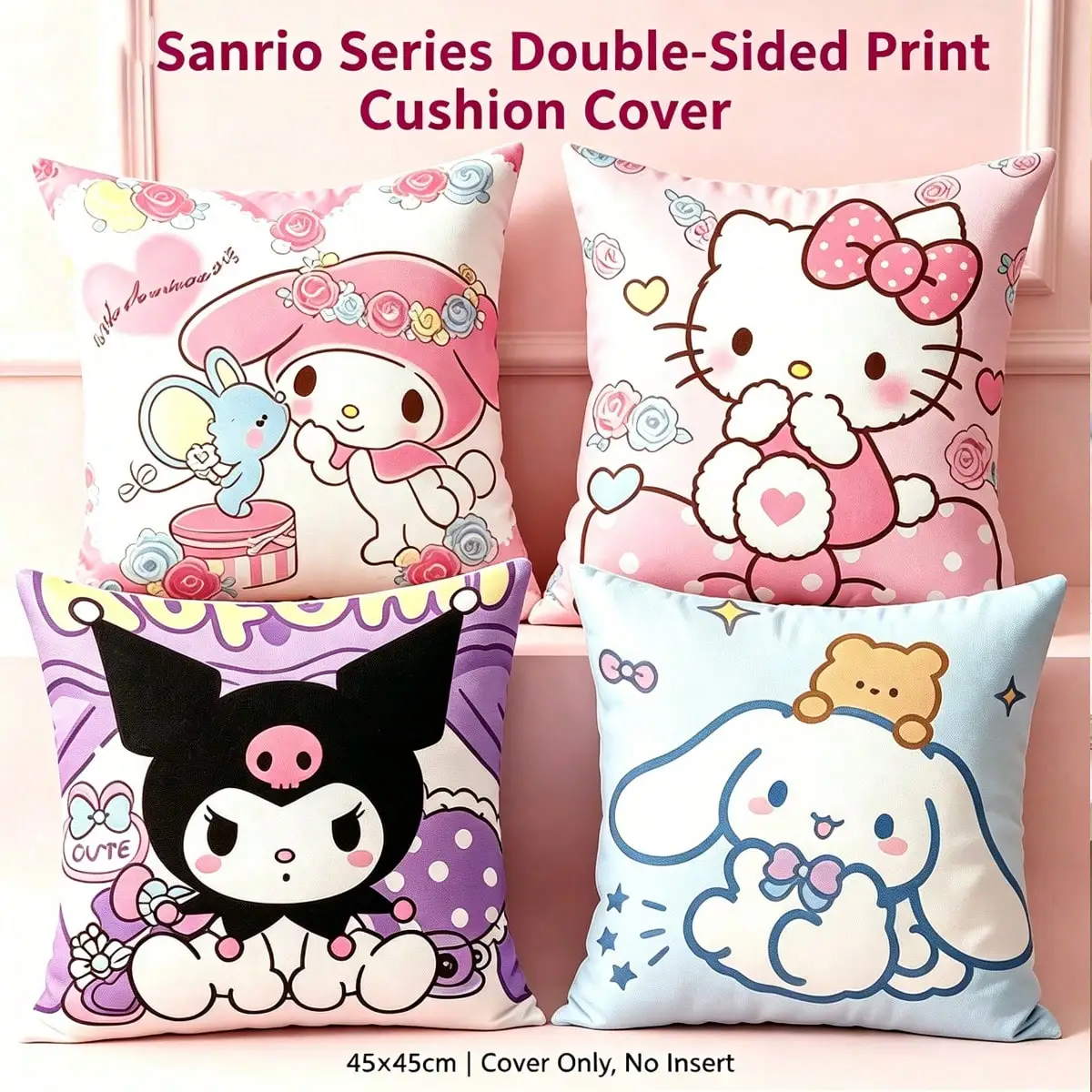 Sanrio throw pillow cover featuring a double-sided print design; measures 45 x 45 cm (pillow insert not included).