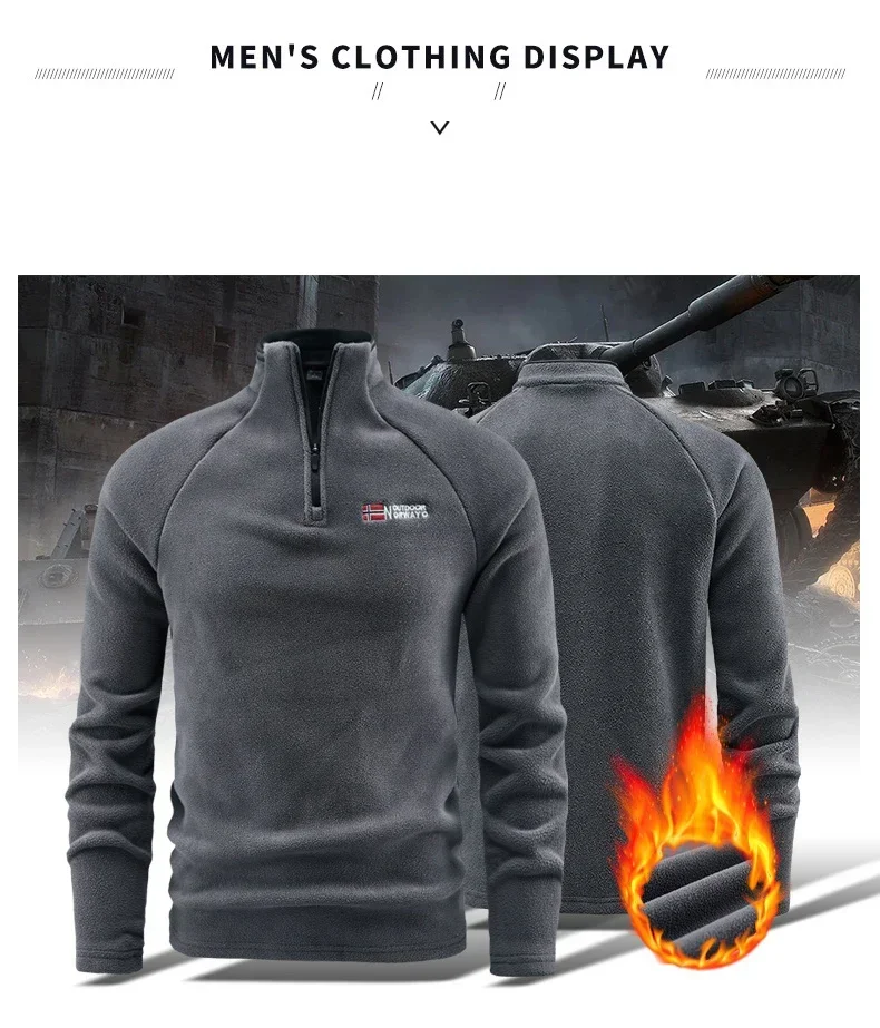 Herren-Sweatshirt aus norwegischem Polar-Fleece, Herbst-Winter-Pullover, dick, warm, mit Stehkragen, halbem Reißverschluss, lässig, langärmelig, Fleece-Oberteil – Detail 4