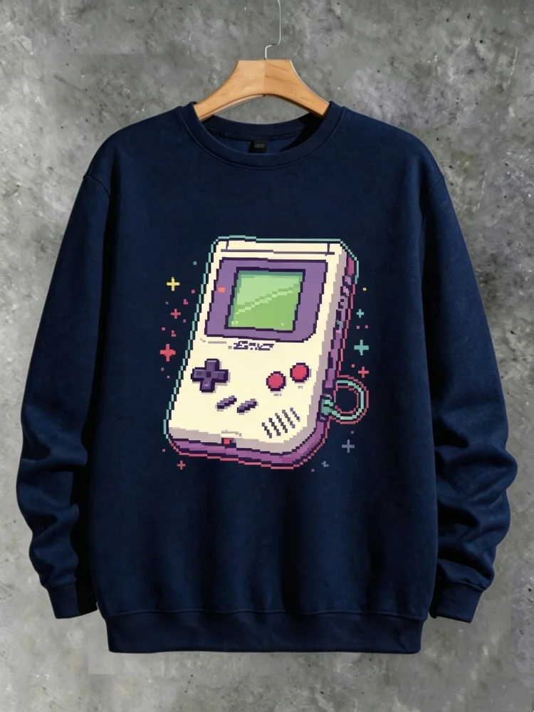Men's Retro Game Console Sweatshirt 8 Bit Pixel Art Gaming Print Loose Fit Crewneck Pullover