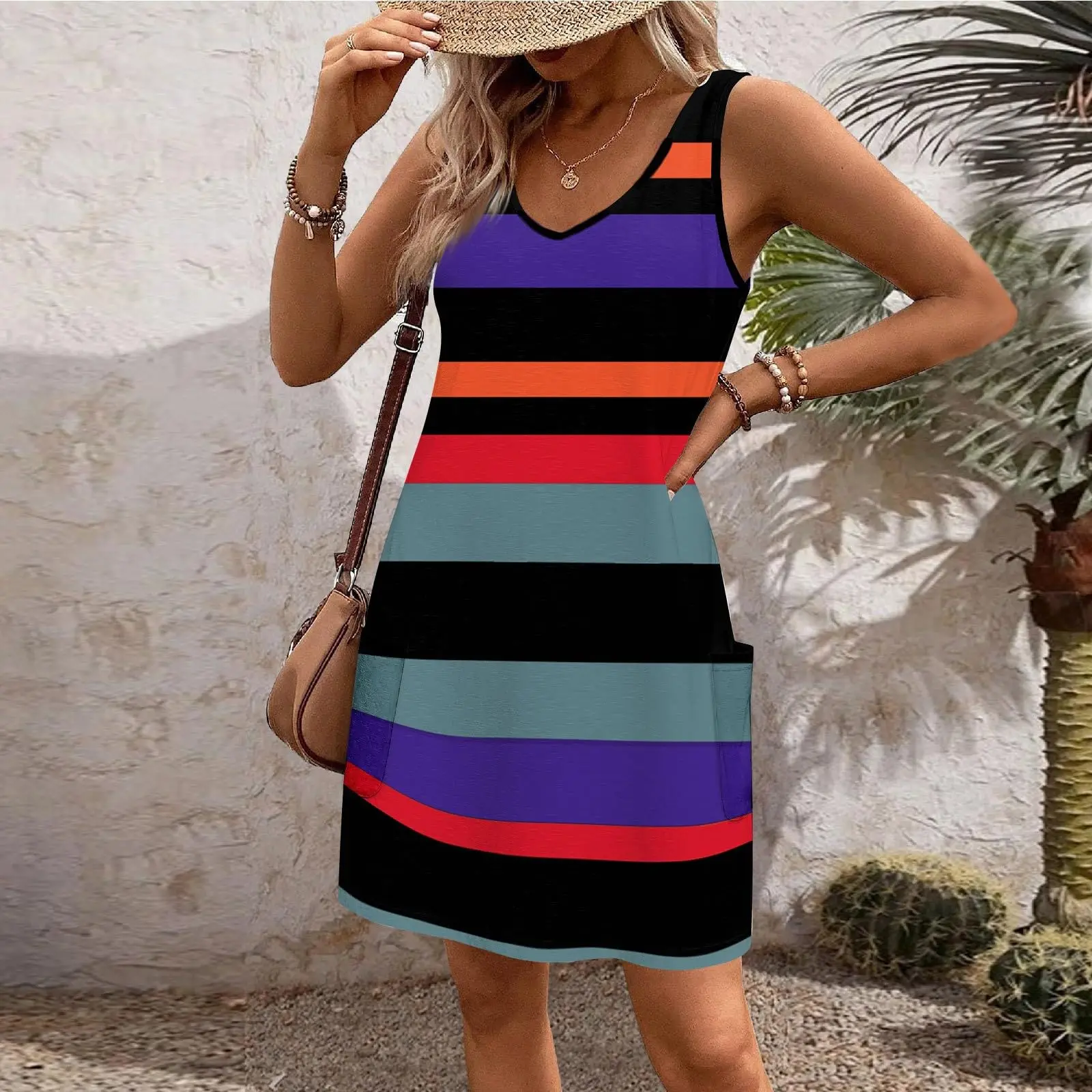 Striped Dress Party Shopping Everyday Dress Casual Fashion Festive Dress New Trend Boho V-neck Tank Top Trend Travel Beach Dress