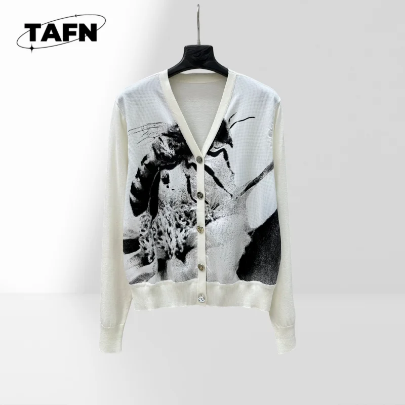 

Vintage Ink Painting Printing Stitching Design Knitted Cardigan High Street Temperament Trend Sleeve Chiffon Blouse AG1508