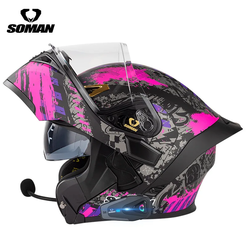 SOMAN Flip Up Motorcycle Helme Full Face DOT Motorcycle Helmet Dual Visor Lens Racing Casco Casque Moto Bluetooth Helmet