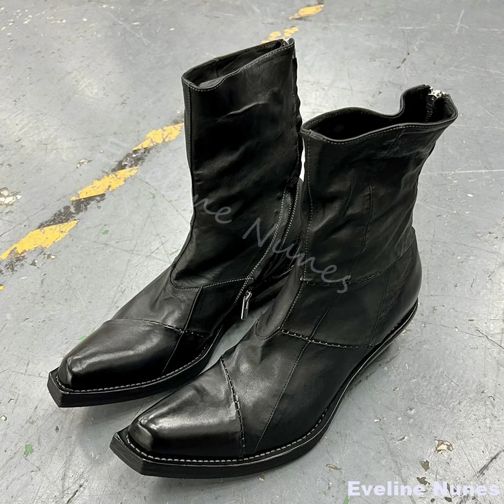 Strange Style Square Toe Splicing Ankle Boots Women Leather Slip On Solid Short Boots 2026 Winter New Fashion Boots Large Size