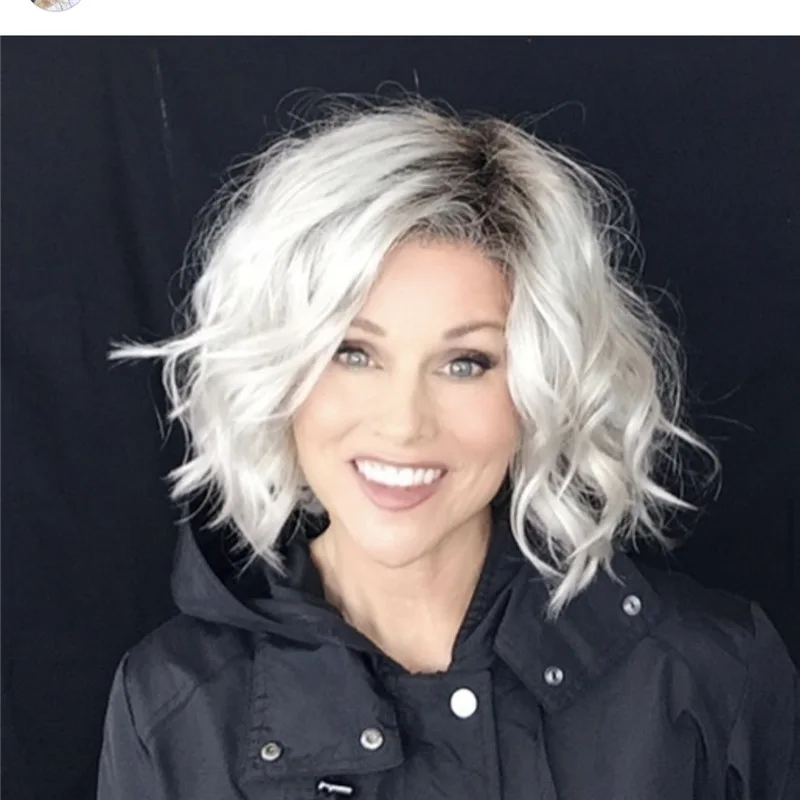 Women's Fashion Dark Roots Synthetic Wave Wig Short Curly Bob Hair Silver Grey Soft Heat Resistant Mommy Hair Cosplay Party Wig