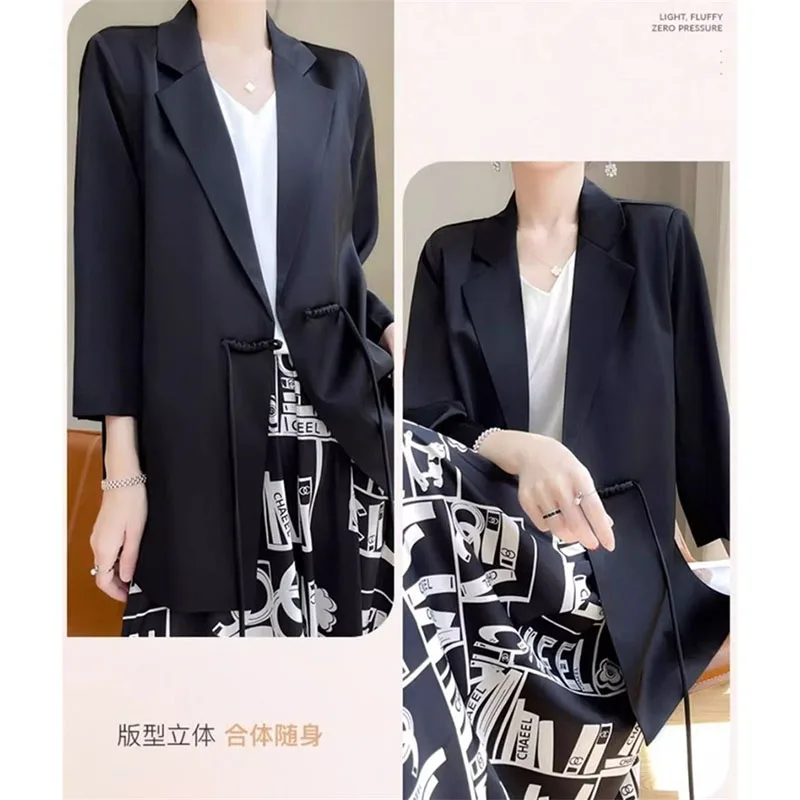 Chinese Style Suit Jacket Women\'s Blazer Spring Autumn Medium Length 3/4 Sleeved Suit Top High End Satin Surface Coat Female