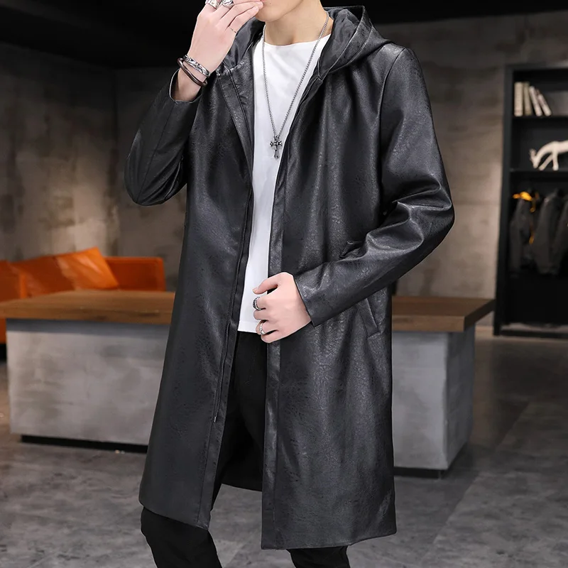 2023 Black Hooded Leather Jackets For Men Style Imitation Leather Long Trench Coats Soft Pu Overcoats Biker Fashionable Clothing