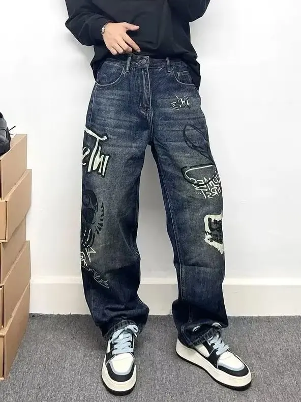 

High-End fiti Loose Straight Leg Men's Jeans Cool Haome High Street Wide Leg Long Trousers Autumn Winter Faion