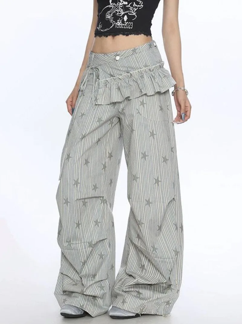 

American Style Quick Drying Star Work Pants with Pocket and Casual Stripes New Straight Leg Loose Casual Pants Female Clothing