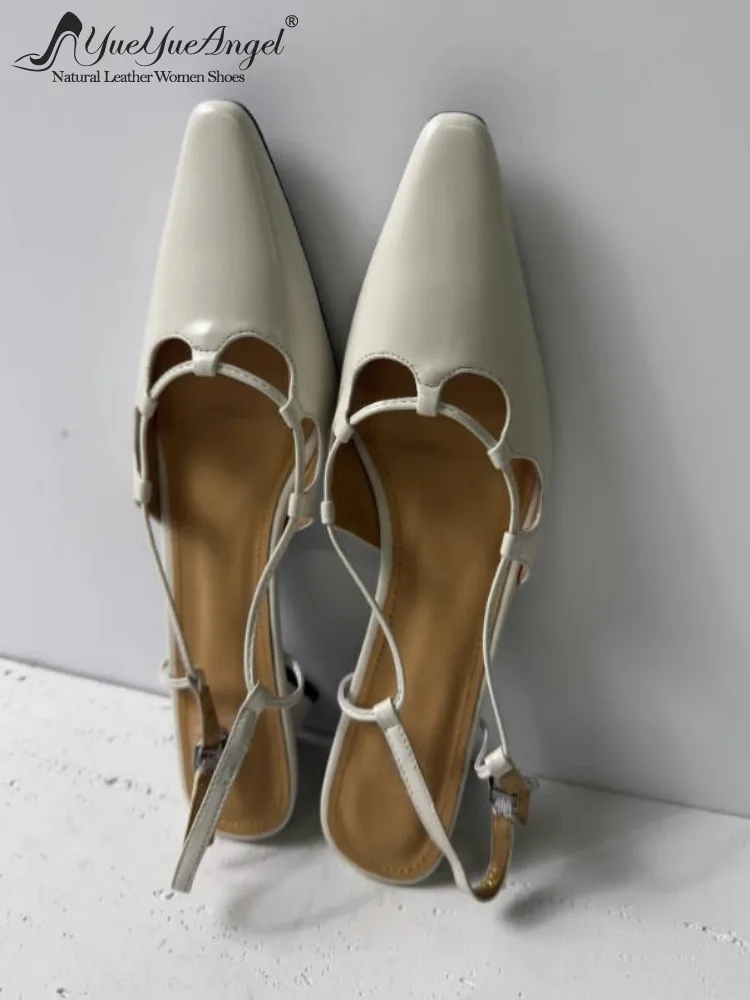 Womens Sandals Pointed Toe Vintage Chunky Heel Hollow Out Fashion ShoesBuckle Strap Cowhide Silver Solid Color Ladies Daily Hot