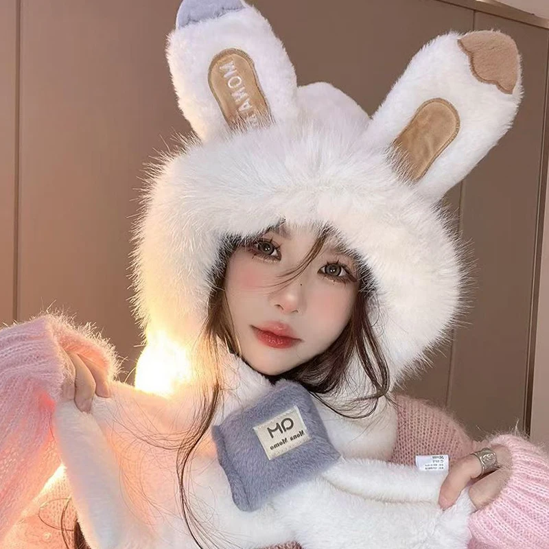 2Pcs/set Rabbit Ear Faux Fur Thick Warm Ear Protection Hats For Women Winter Plush Scarf Hat Outdoor Windproof Anti-Cold Bonnet