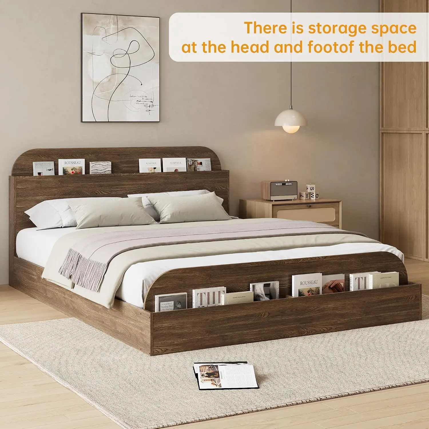 Queen Size Low Platform Bed Frame, Walnut Wood Floor Bedroom Furniture, Customized - view 4