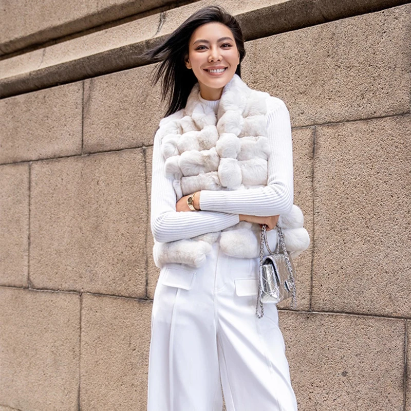 Ftangaiur Zimowy Import Czysta Biel Cyjanowy Niebieski Płaszcz-Kamizelka z Szynszilli Dekolt w Serek Damski Elegancki Krótki Naturalny Kolor Kamizelki z Szynszilli