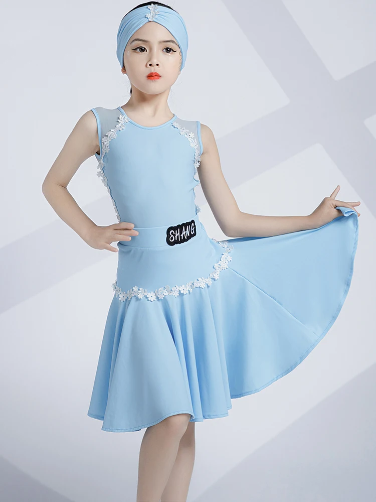 New Kids Latin Dance Clothes Blue Sleeveless Girls Performance Costume Cha Cha Rumba Ballroom Dance Dress Practice Wear DNV17242